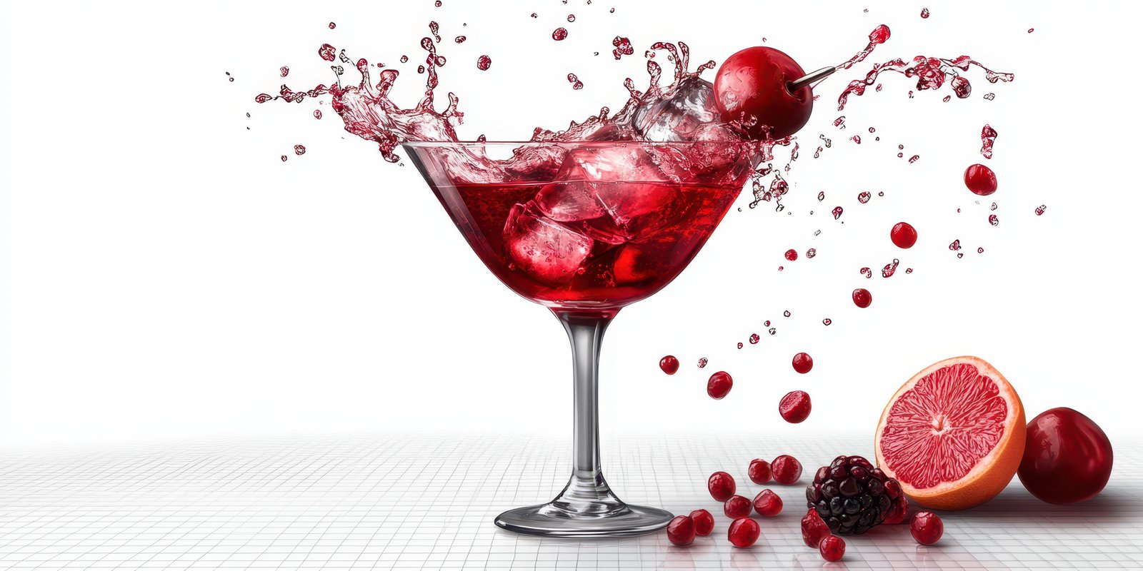 Delicious vibrant cocktail with berries splashing in a glass against a clean background